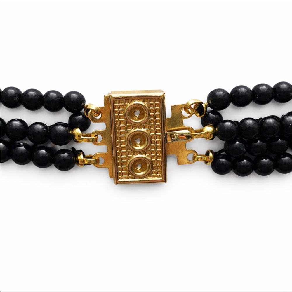 Vintage 5 Strand Black Glass Bead Bib Necklace Rhinestone Bar Gold Tone Clasp - Picture 5 of 5